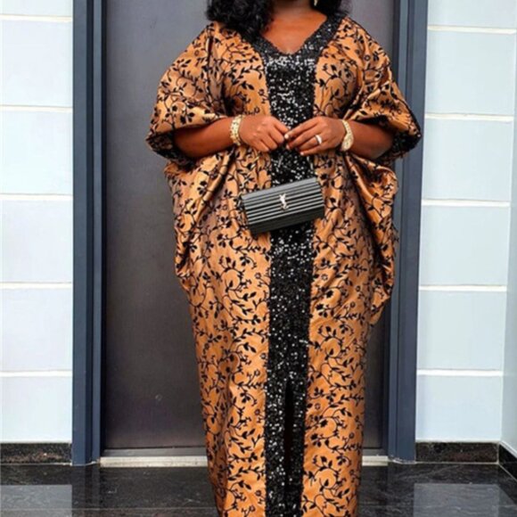 Multicolor satin Bubu dress with front slit and sequence tapered round t… - Picture 1 of 9